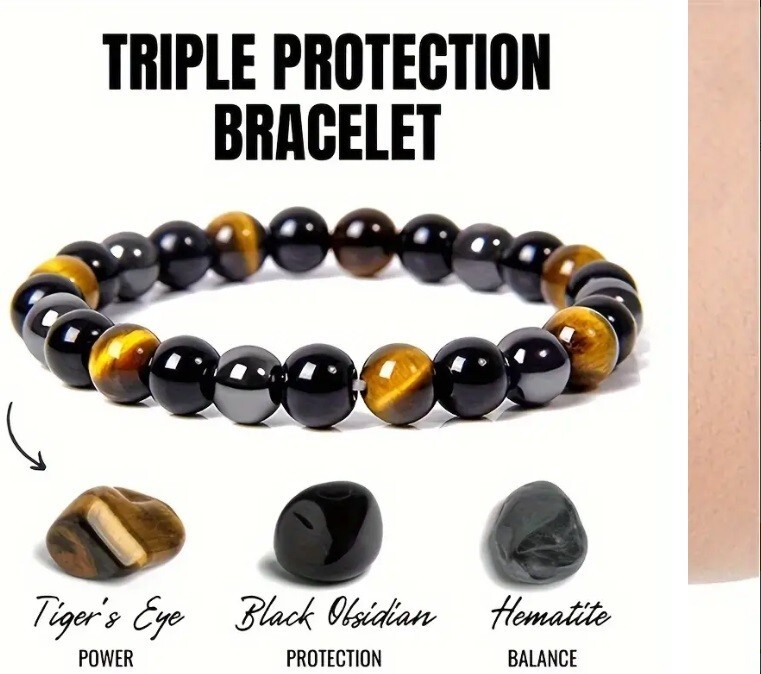 Triple Protection Bracelet, 2 Pieces Black Obsidian Tiger's Eye Stone Hematite — image 11