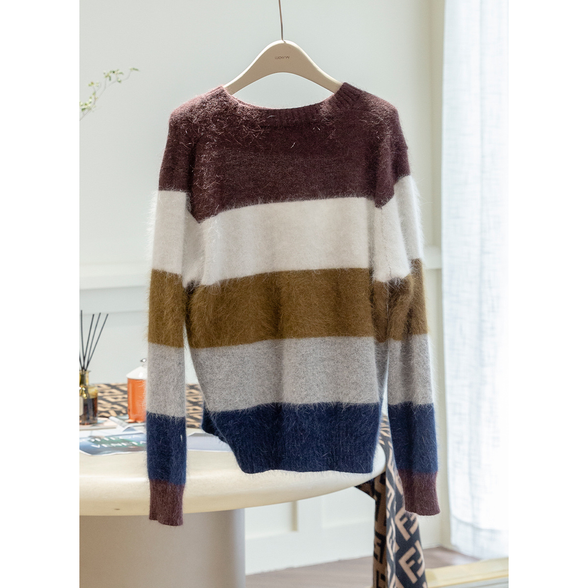 Title 2, Loose Round Neck Contrast Large Striped Sweater