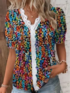 V Neck Lace Short Sleeve Printing For Fashion - Color3-M - View 1