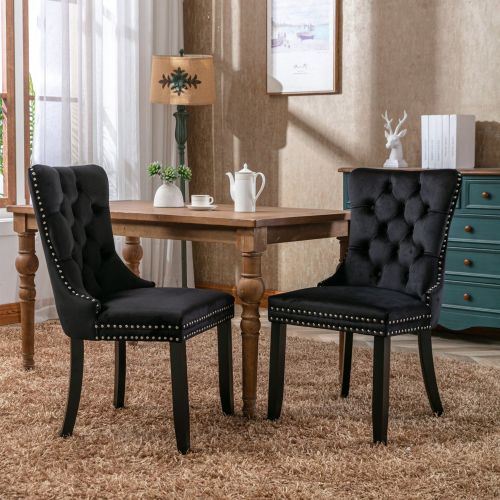 Set of 2 Velvet Tufted Dining Chairs with Knocker Ring & Wood Legs – Glam Accent - Picture 9 of 10