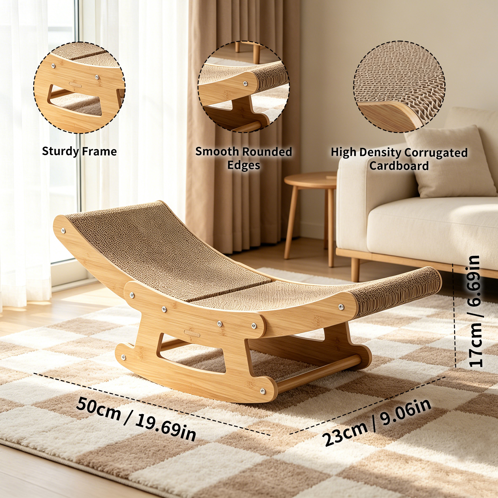 2-in-1 Cat Rocking Scratcher Chair Wooden Cat Bed Lounge Corrugated Cardboard Scratching Pad For Indoor Cats — foto 2