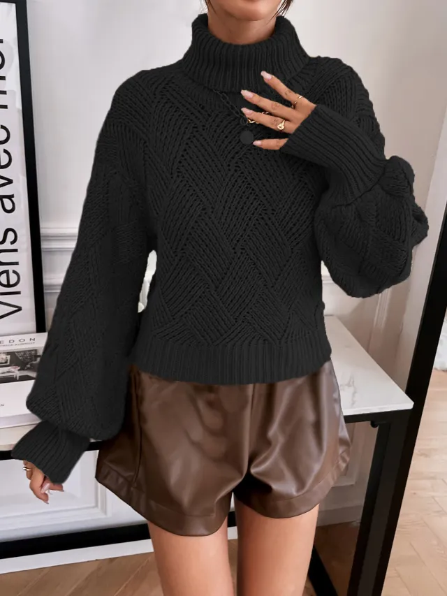 Lantern Sleeve High Neck Pullover Sweater Girl Black - Shop at LoveMi