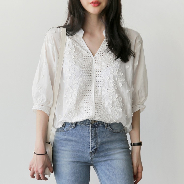 Three-dimensional Flower Loose Shirt Women's Small V-neck Puff Sleeves
