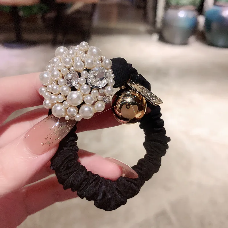 Simple Small Intestine Hair Tie With Hair Pearl With Drill Rope - Black