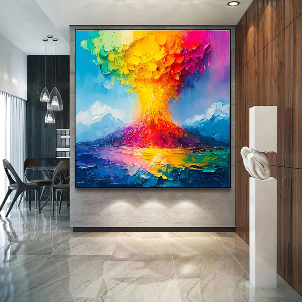 New Design Orange And Blue Volcano Knife Thick Canvas Artwork Handmade Oil Painting Volcanic Eruption Landscape Wall Decoration 5