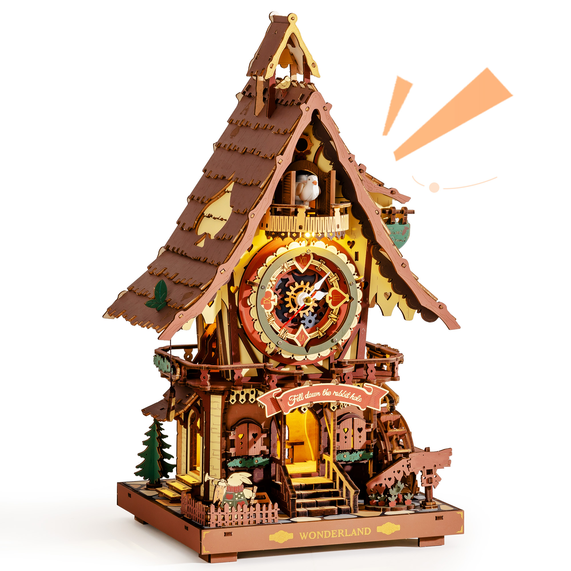 ROKR 3D Wooden Cuckoo Clock Puzzle, A Fun 3D Clock Puzzle Toy With LED Lights And Cuckoo Sounds, 435-piece Mechanical Wall Clock DIY Assembly Set, Suitable For Adults,LC901C