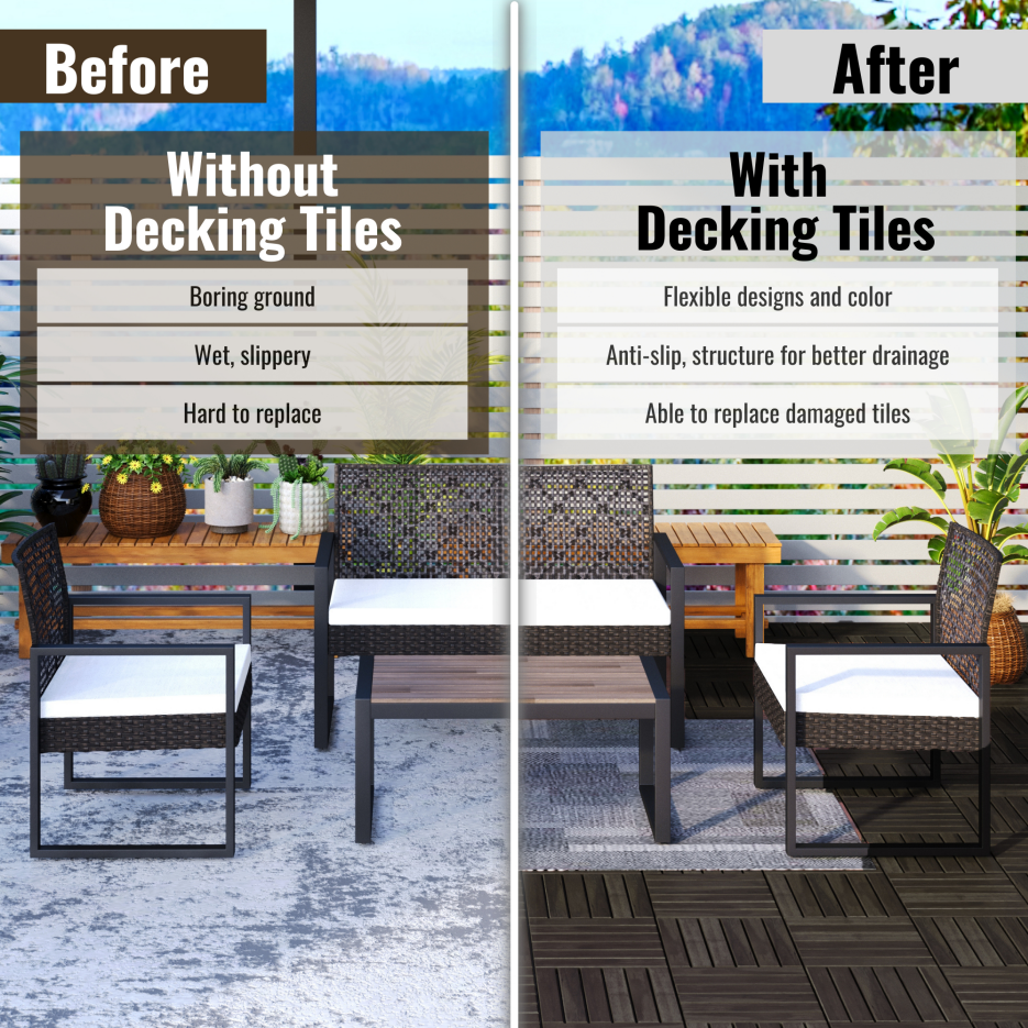 Acacia Wood Interlocking Deck Tiles Checker Pattern, 30 PCS 12inch X 12inch Dark Brown Square Acacia Hardwood Outdoor Flooring For Patio, Bancony, Pool Side