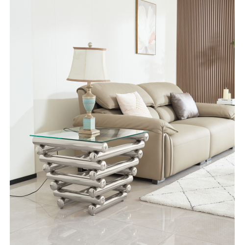 24 Square Modern Stainless Steel End Table, Clear Tempered Glass End Side Table, Living Room Coffee Table, With Modern Style, Silver