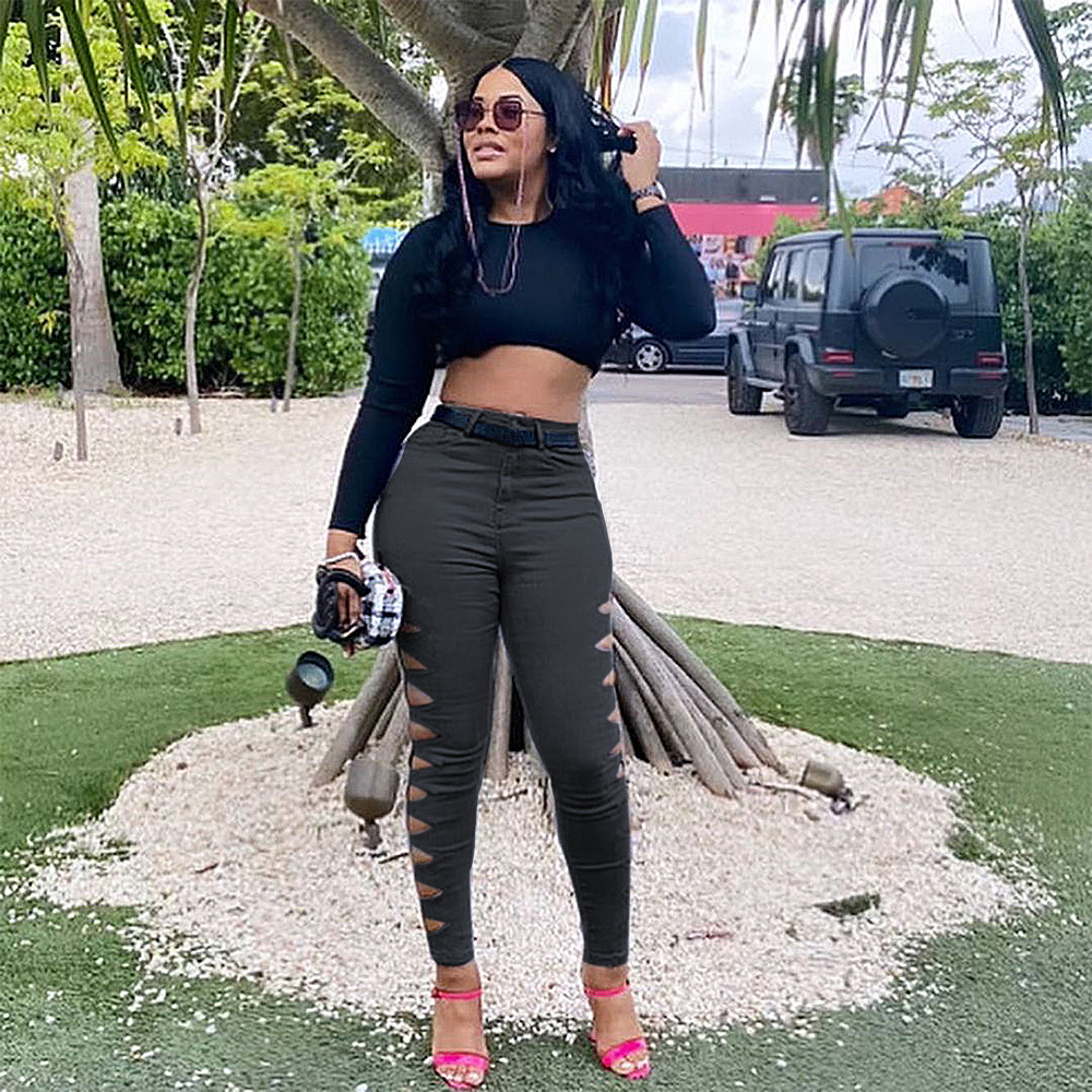 Fashion Casual Solid Color Ripped Jeans