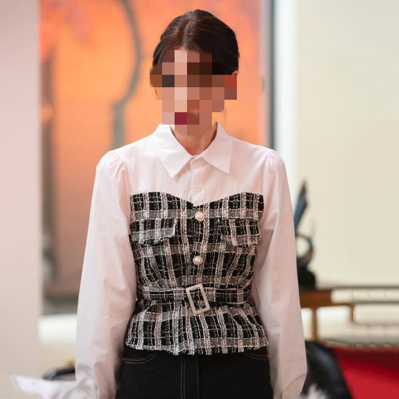 Plaid Stitching Ladies Shirt White Fake Two Piee - Image 3