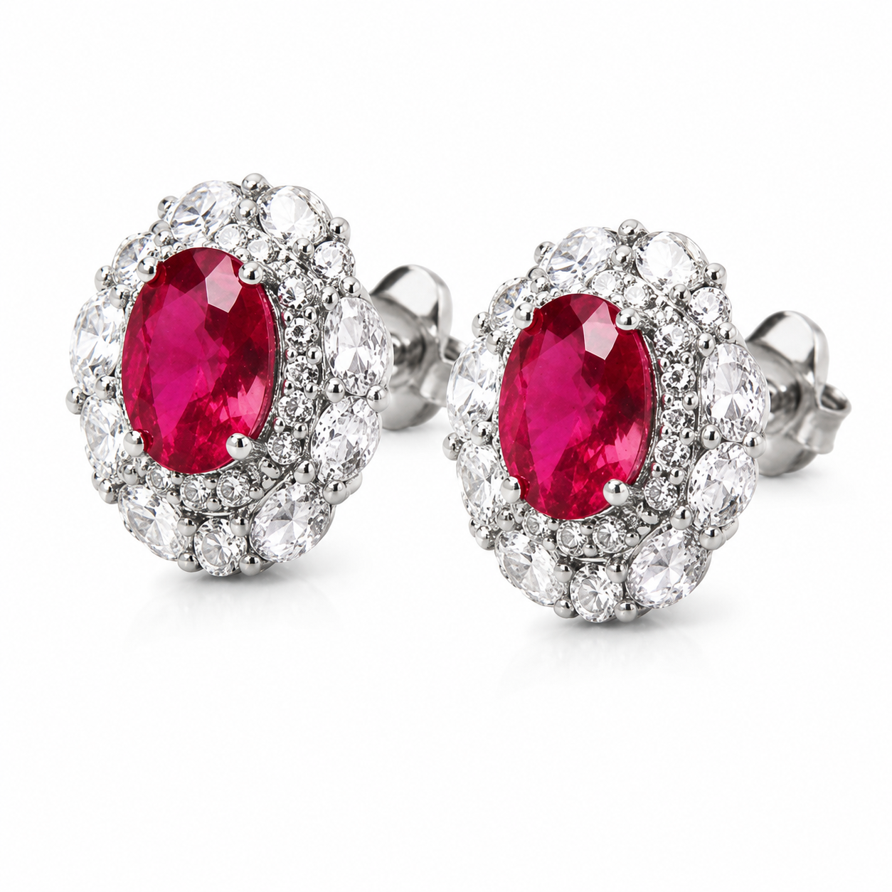 Oval Ruby CZ Double Halo Stud Earrings