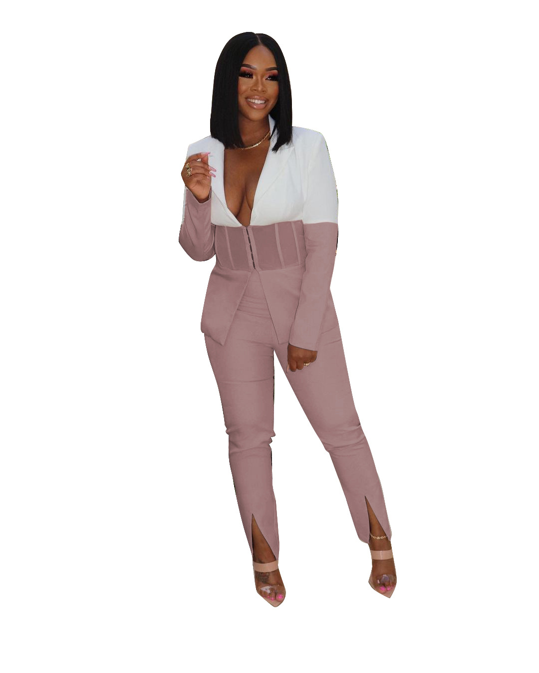 Fashion Splicing Mesh Trouser Leg Split Two Piece Suit