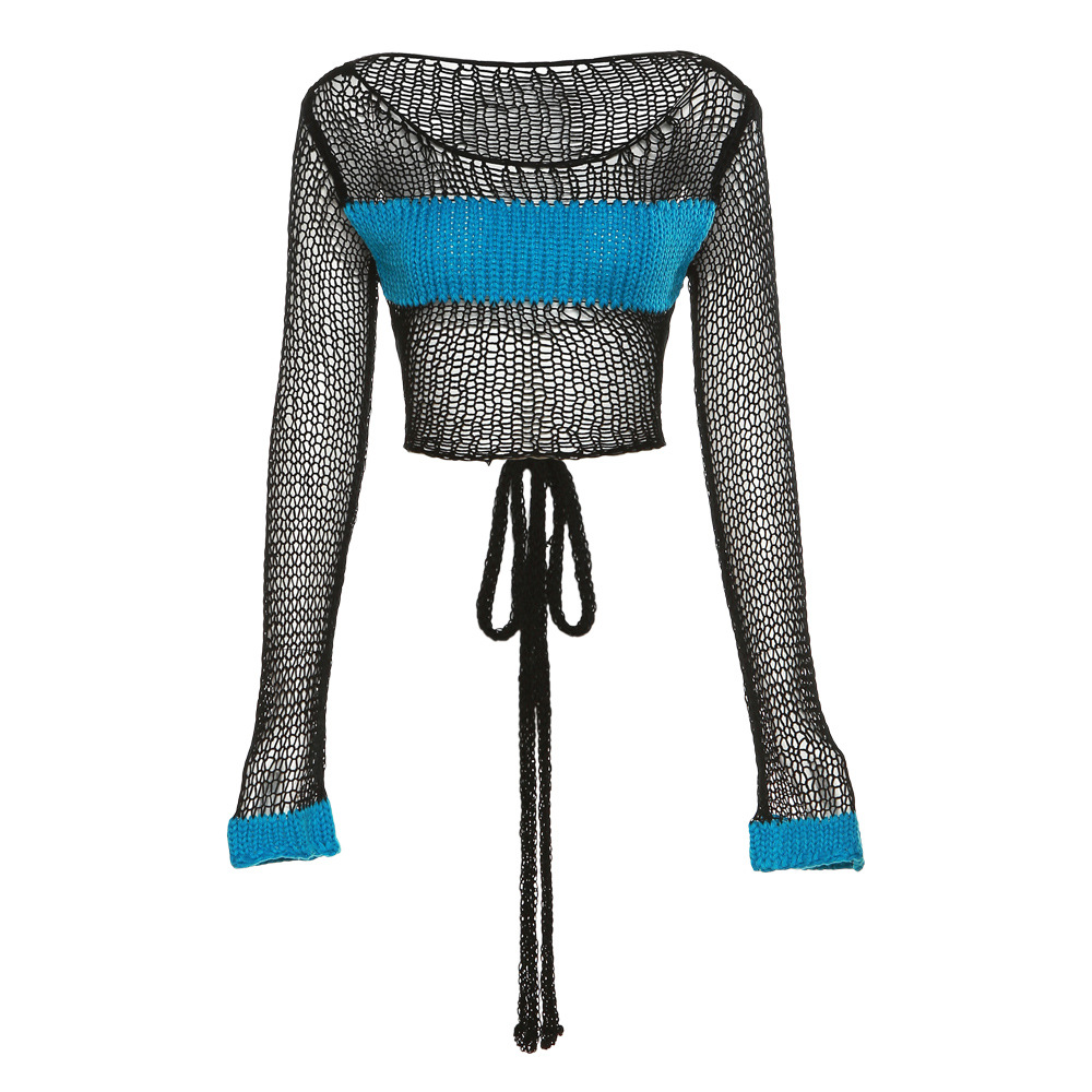 Long sleeve round neck knitted navel exposed loose color matching sweater Black - Shop at LoveMi