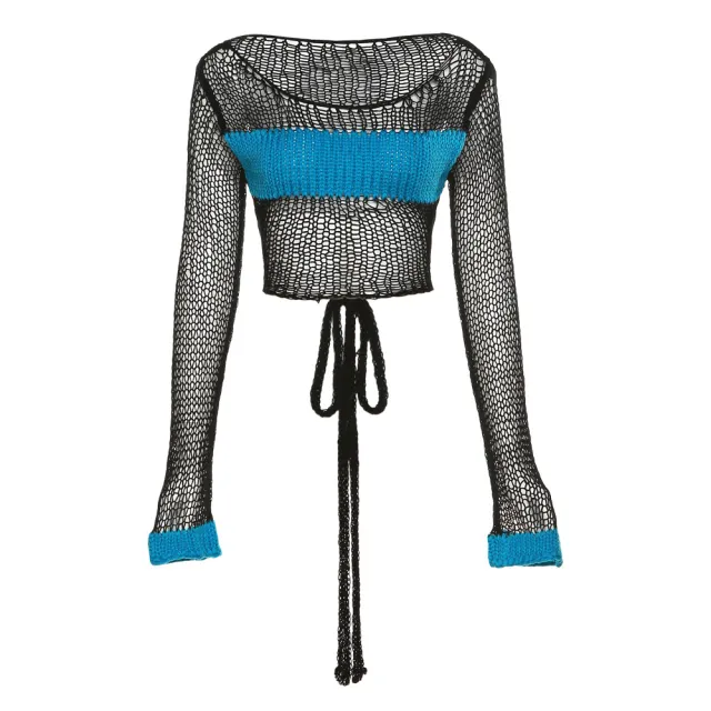 Long sleeve round neck knitted navel exposed loose color matching sweater Black - Shop at LoveMi