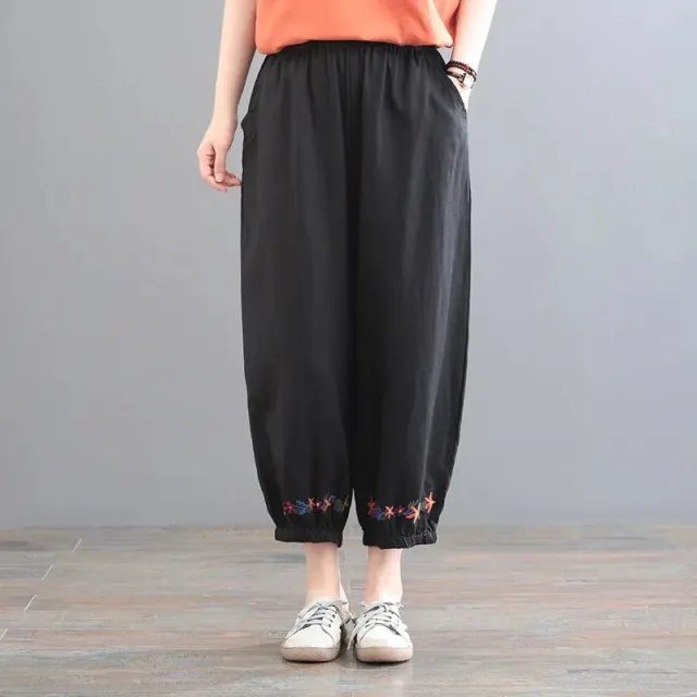 Women's Vintage Cotton Linen Solid Color Casual Pants Black - Shop at LoveMi