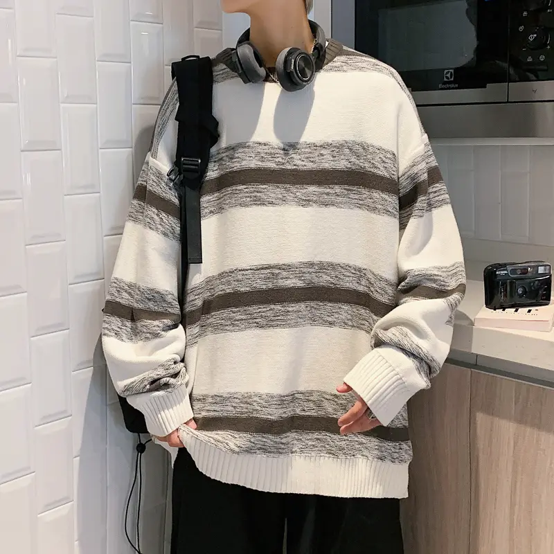 Striped Sweater New Round Neck Tide Lazy Hong Kong Style Sweater Jacket Men