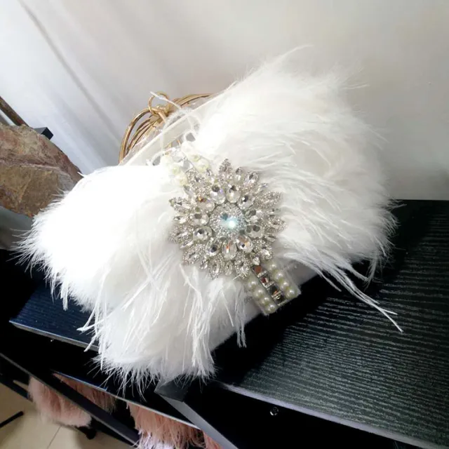 Celebrity Clutch Shiny Ostrich Hair Bag White - Shop at LoveMi