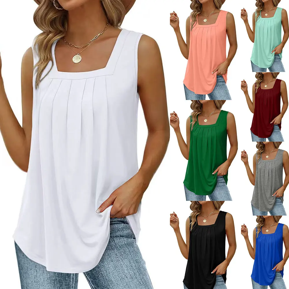 Summer Tank Tops for Women Loose Fit Pleated Square