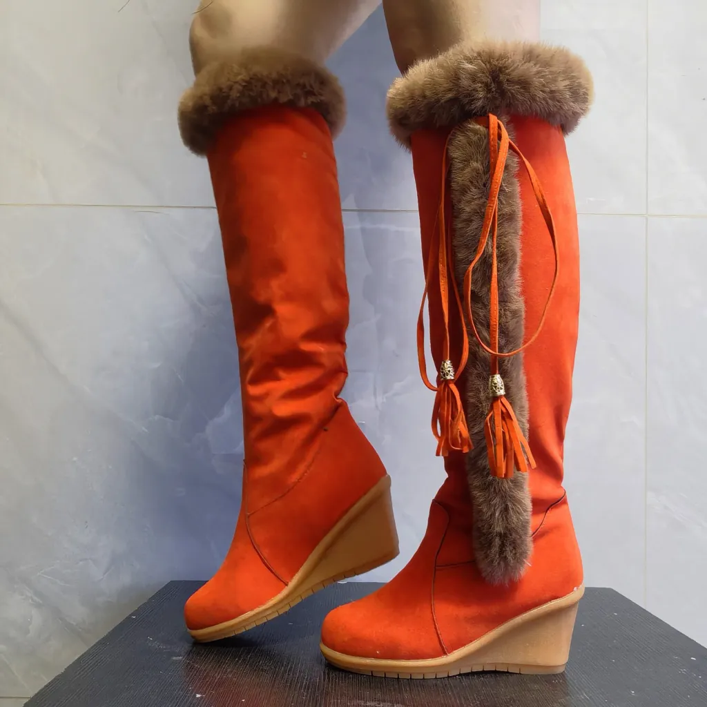 Winter Plush Long Boots For Women Combat Boots Wedges Shoes - Orange