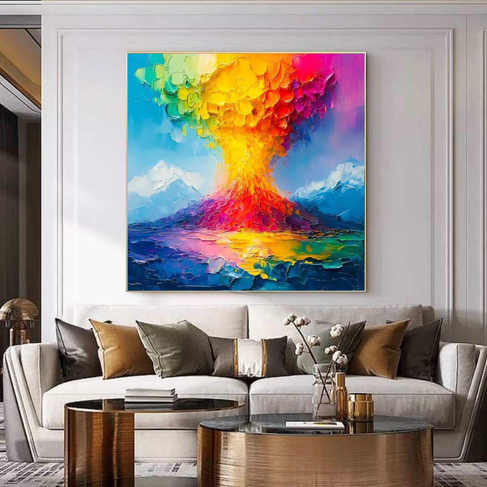 New Design Orange And Blue Volcano Knife Thick Canvas Artwork Handmade Oil Painting Volcanic Eruption Landscape Wall Decoration 3