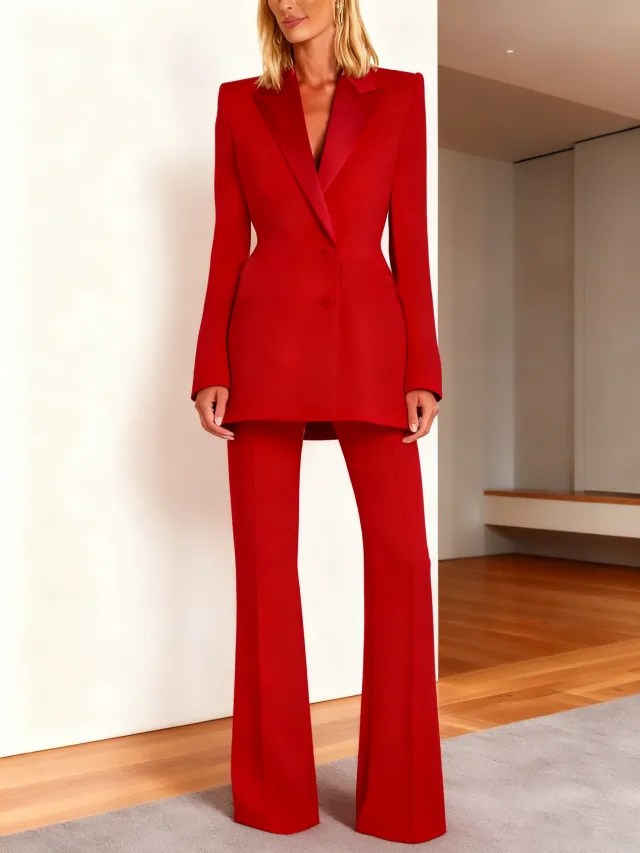 Red Double Breasted Satin Lapel Blazer And Trousers 2 Piece Suit Red - Shop at LoveMi