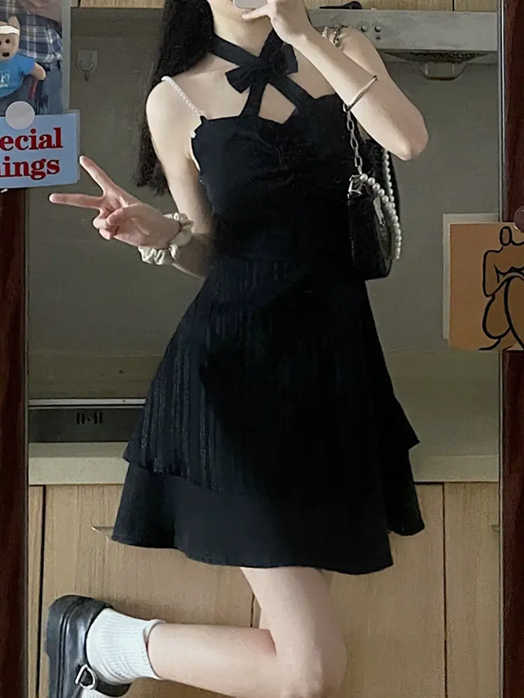 Women's Slim Waist Black Suspender Dress