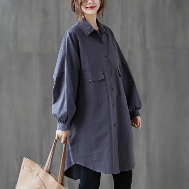 Cardigan Shirt Collar Big Pocket Windbreaker Jacket Women Grey - Shop at LoveMi