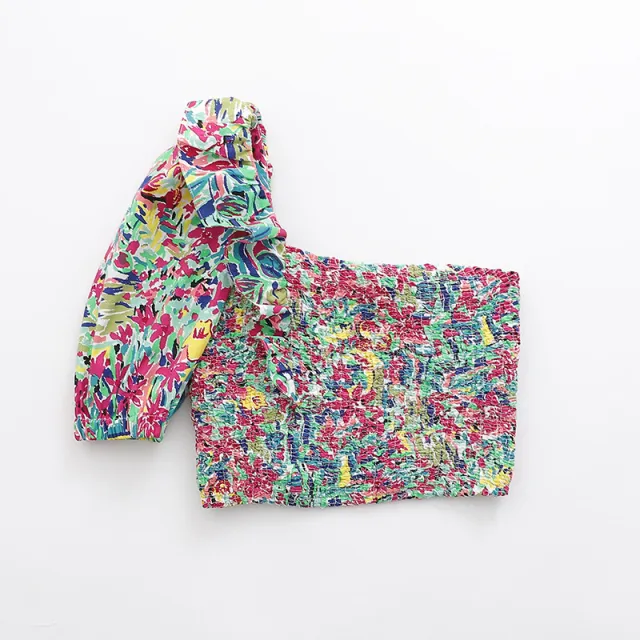 Asymmetrical Print Top Slanted Shoulde Slim Short Shirt Blue - Shop at LoveMi