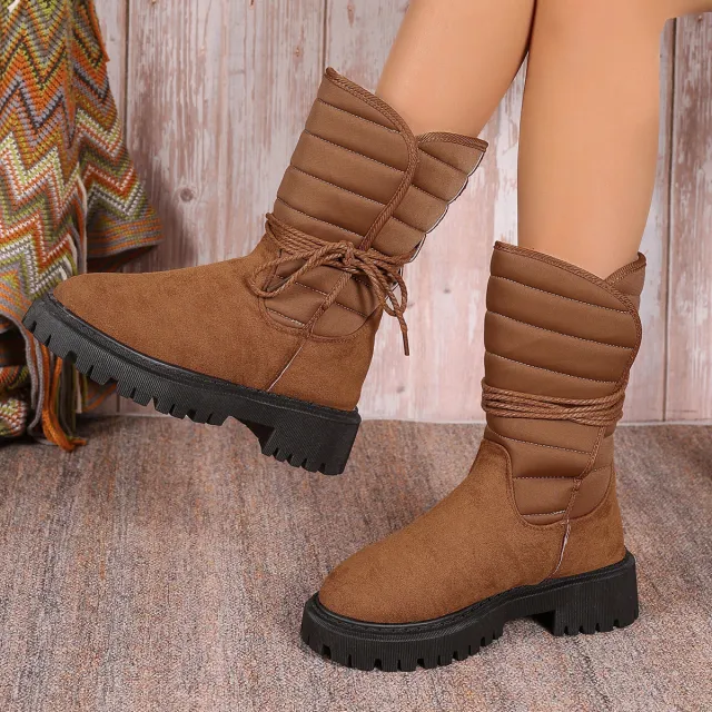 New Chunky Heel Mid tube Snow Boots Winter Warm Fleece Boot With Lace up Design Fashion Casual Shoes For Women Brown - Shop at LoveMi