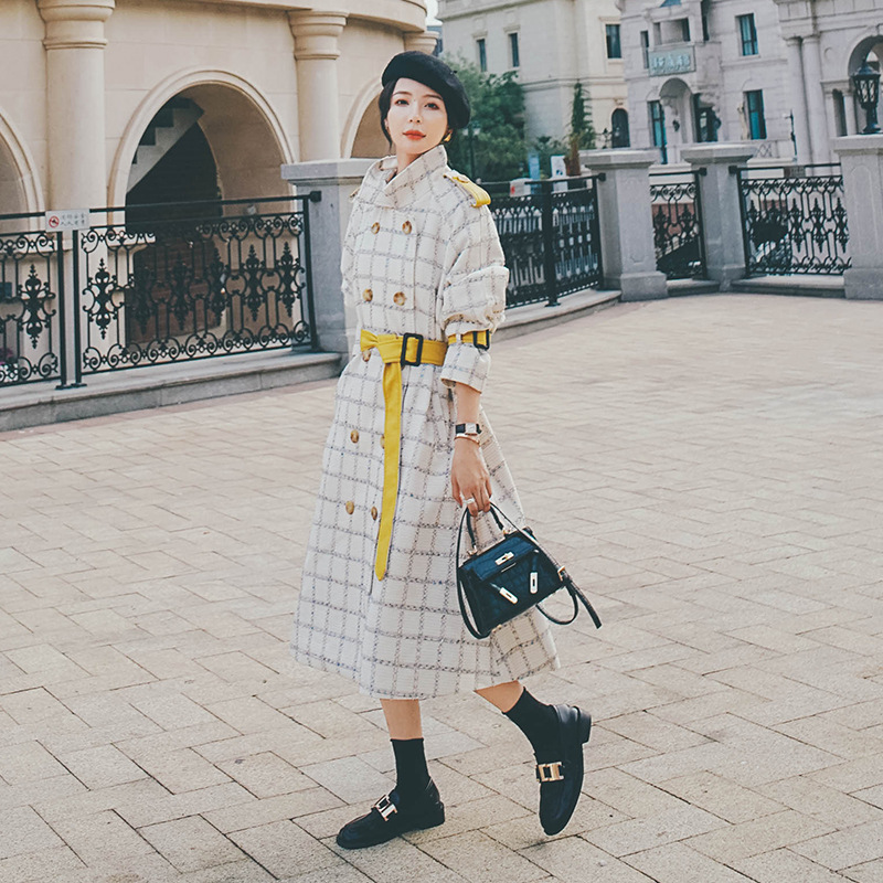 Korean Plaid Mid-length Coat Beige Woolen Coat