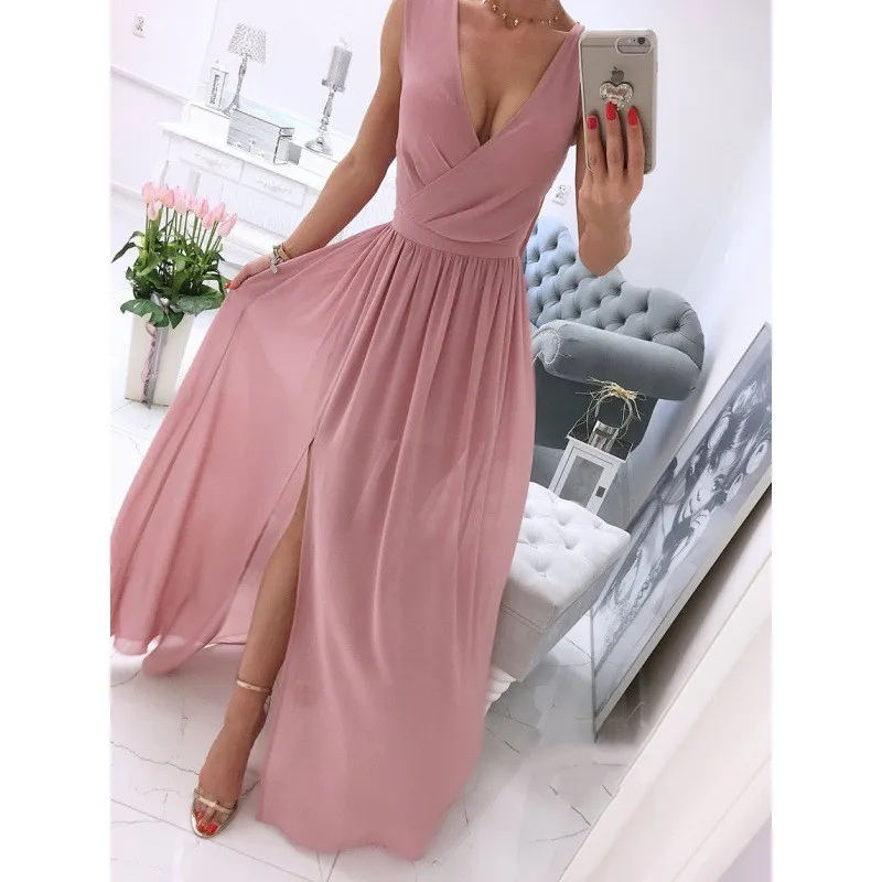 Women's Summer Sleeveless And Ankle Skirt Solid Color V-neck Front Split Long Dress - Pink