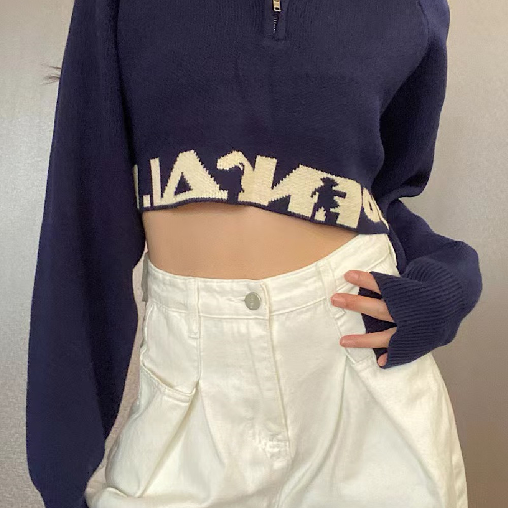Women's Navy Blue Short Navel Thin Sweater