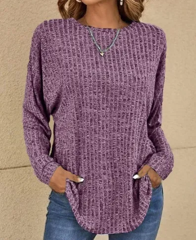 Round Neck Sunken Stripe Long Sleeve Loose T Shirt Violet - Shop at LoveMi