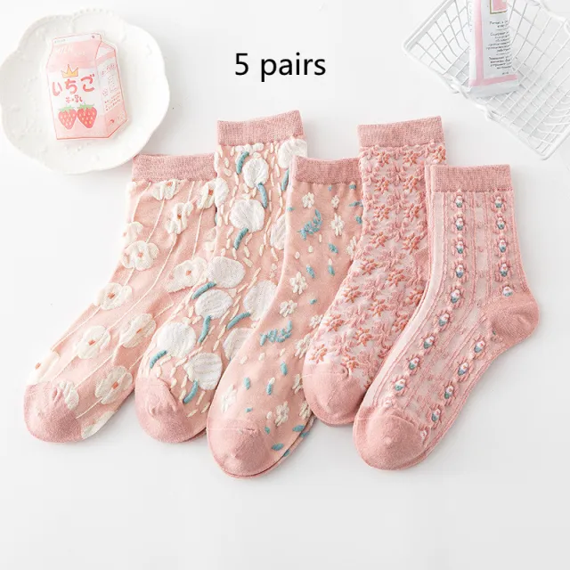 Cotton Socks Embossed Three dimensional Small Flower Socks Pink - Shop at LoveMi