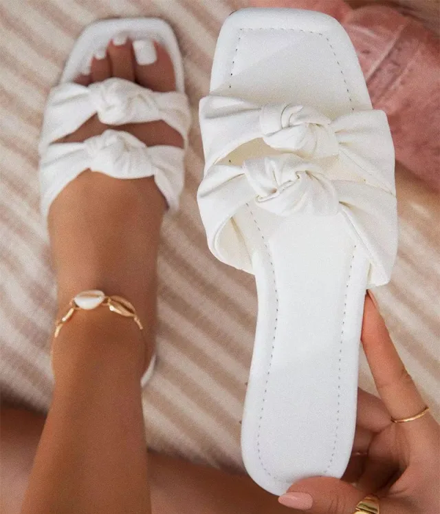 Double Bow Slippers Flat Shoes Summer Outdoor Sandals Non slip Slides White - Shop at LoveMi