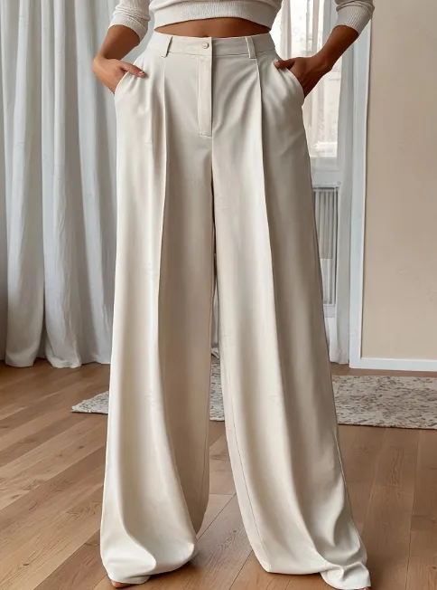 Women's Plus Size High Waist Straight Leg Trousers Elegant, Polyester, Machine Washable, Casual Suit Pants For Women White - Shop at LoveMi