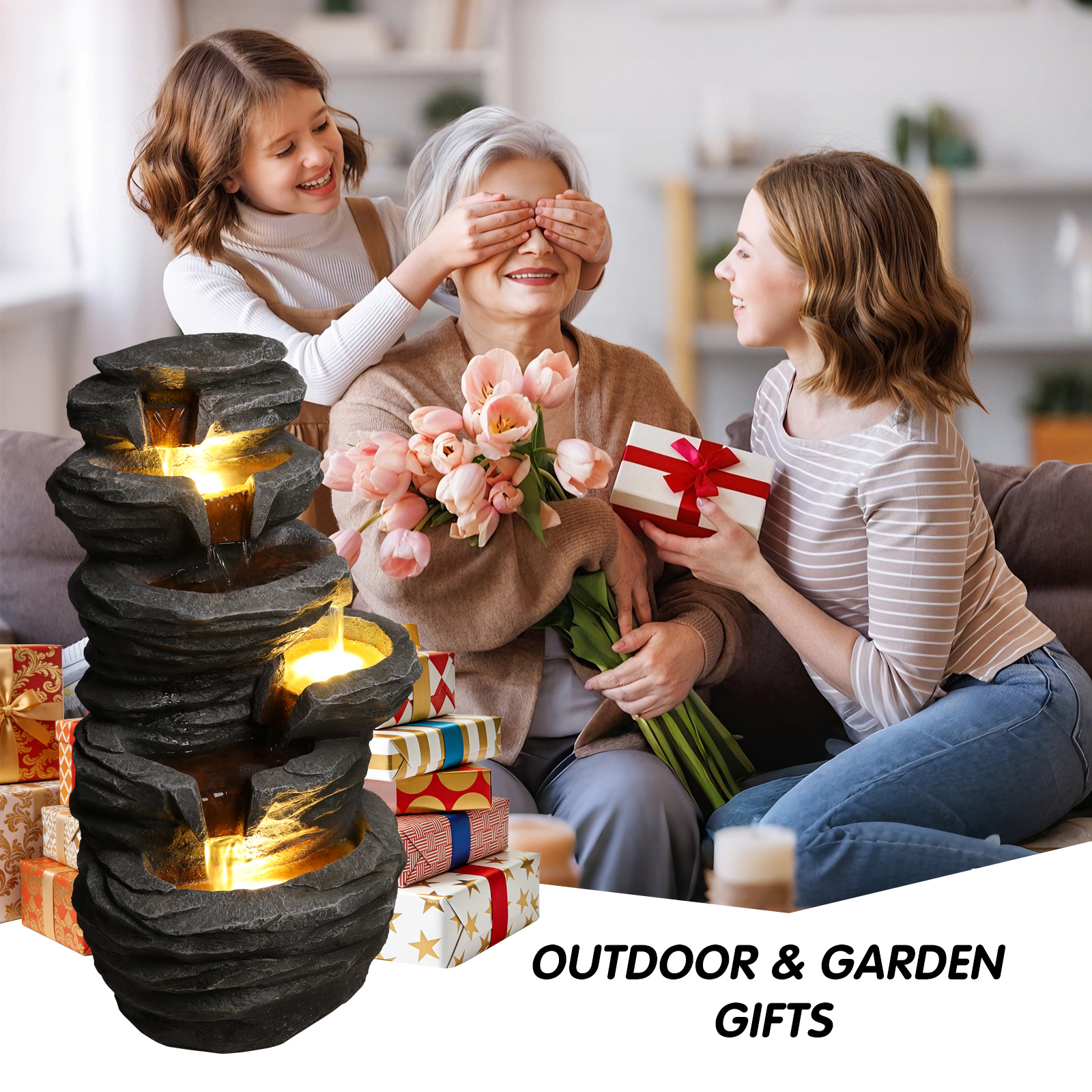 Outdoor Waterfall Fountain With Lights Stacked Rock Cascading Water Feature Resin Garden Decor For Patio Yard Porch Landscape — foto 8