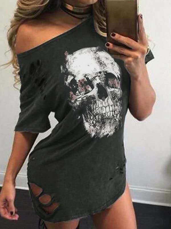 Autumn Loose Skull Printed T-shirt