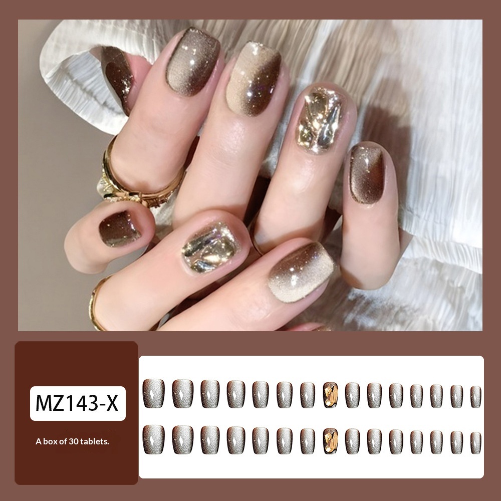 Y2K Make Yourself Glamorous 30 Pieces Of Cropped Square Fake Nails Coffee Cat's Eye Rhinestone Design Nail Art Set Long Press On Nails Suitable For Parties Dances,or Everyday Wear