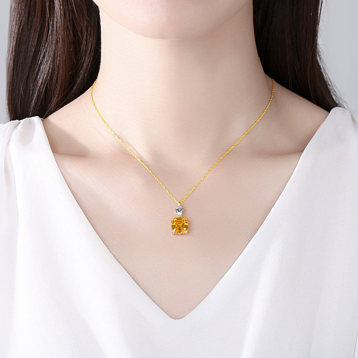 S925 Silver Square Pagoda Cut Zircon Necklace Female Water Wave Chain