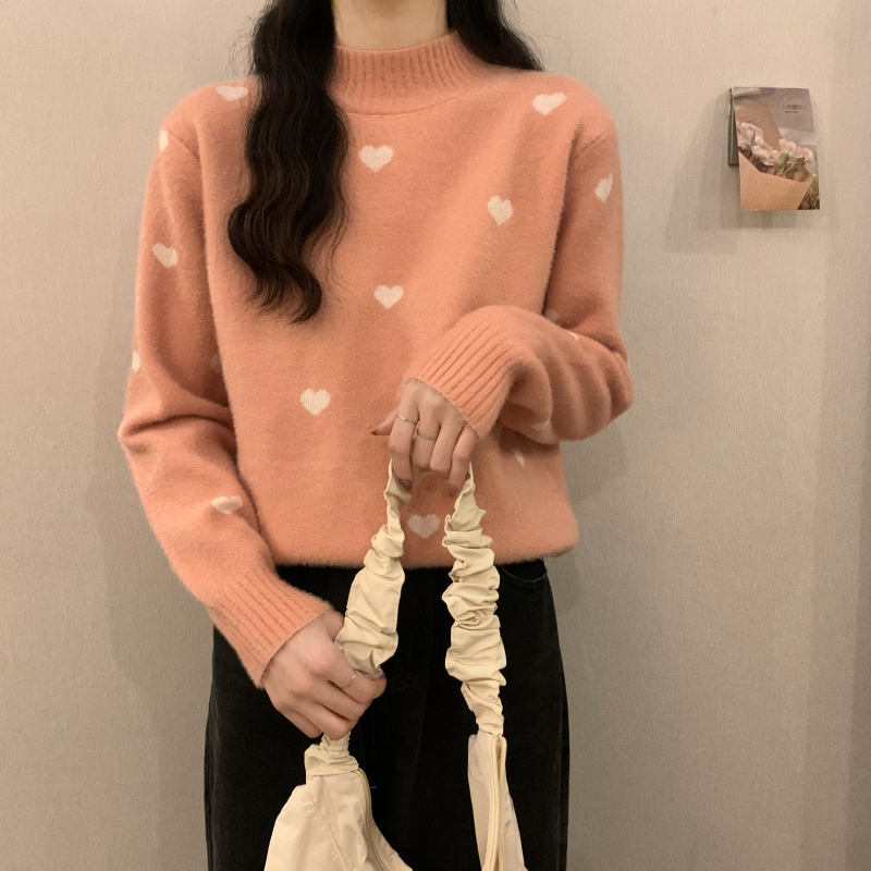 All-match Love Half High Neck Loose Padded Sweater Ladies Top