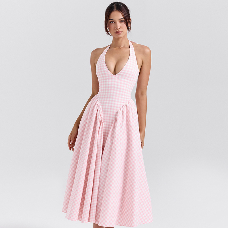 Hot New Sexy Solid Color Deep V Neck Hollow Out Halter Elegant Flared Hem Dress For Women