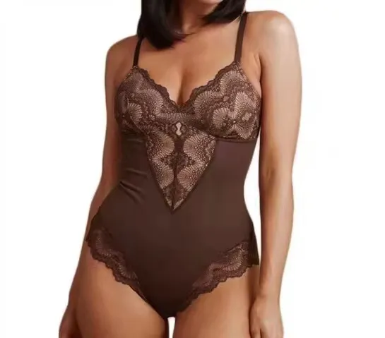 V Neck Lace Waistband Shaping Brown - Shop at LoveMi