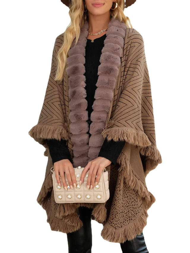 Autumn And Winter New Luxury Wool Collar Tassel Shawl Sweater Cloak Khaki - Shop at LoveMi