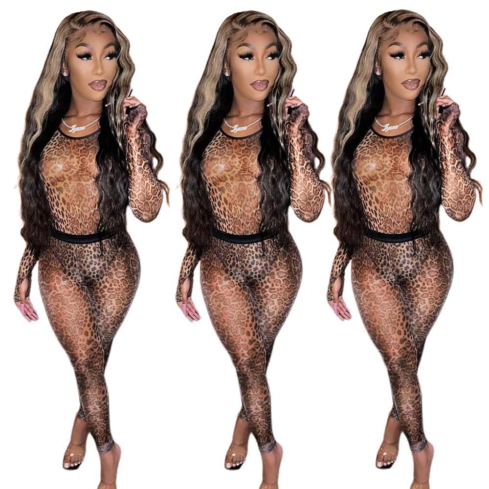 Spring Mesh Slightly Transparent  Leopard Tight Two-piece Suit