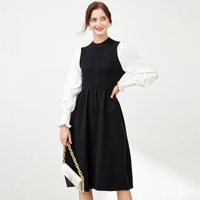 Knitted Dress Shirt Sleeve Stitching High Waist Skirt