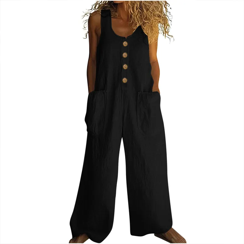 Women's Elegant Wide-Leg Jumpsuit - Button Front Formal & Casual Romper, Lightweight Wear - Black