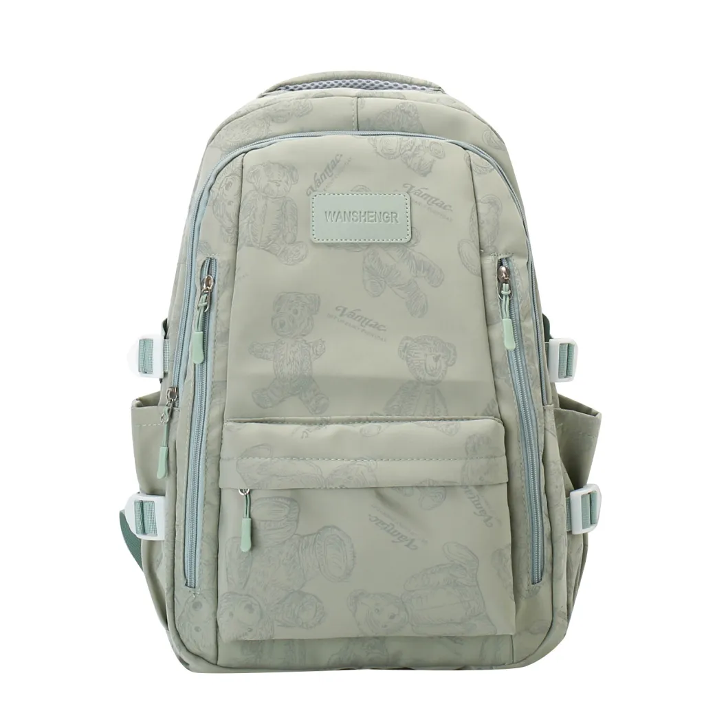 Cute Bears Print Backpack Fashion Versatile Large Capacity Travel Bags Women Junior High School Students Schoolbag Girls Campus Bag - Green