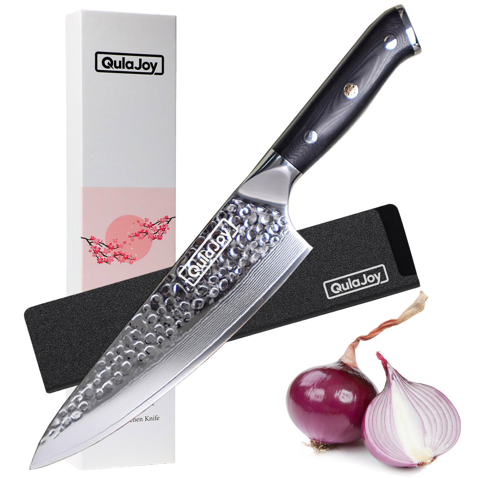 Qulajoy Chef Knife 8 Inch, Professional Japanese VG-10 Damascus 67 Layer Blade, Ultra Sharp Hammered Master Chefs Knife, Ergonomic G10 Handle, Triple Rivet And Full Tang