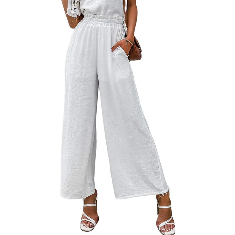 Women Trousers Solid Colour Wide Leg High Waist Pants Casual Loose Pants - White